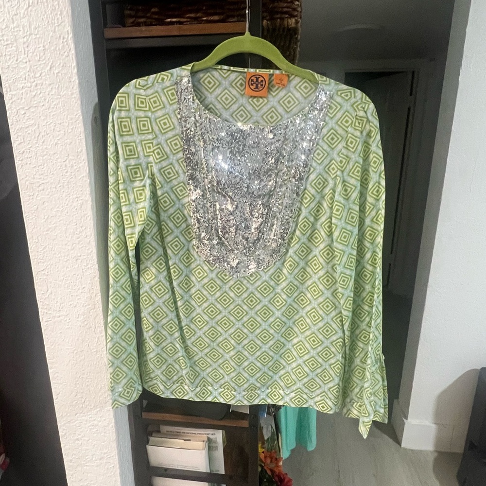 Tory Burch Lime Green Diamond Blouse with Silver Sequins